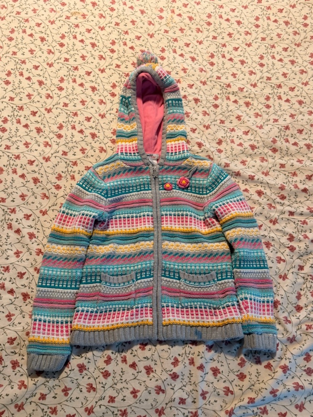Justice Girls Striped Knit Hoodie Jacket - Teal Pink Yellow Gray